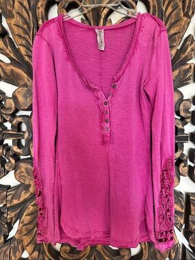Free People Fuchsia Henley Long Sleeve Top with Lace Detail - Size S
